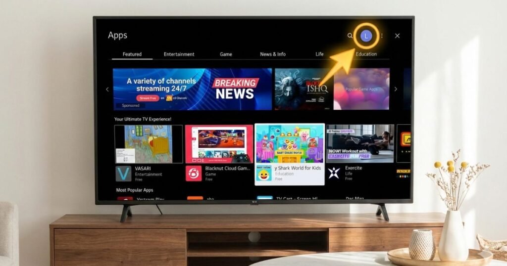 A natural shot of an LG Smart TV on a wooden stand displaying the official Apps store; a yellow circle and arrow highlight the profile login icon located in the top right corner of the screen.