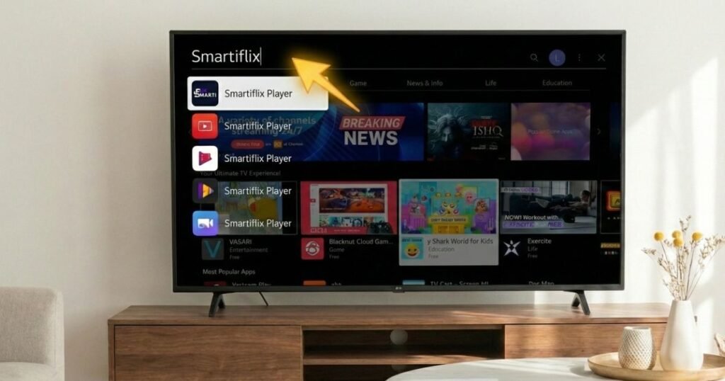 An LG Smart TV displaying the "Apps" search interface with the word "Smartiflix" typed in. The search results show "Smartiflix Player" with a custom logo at the top, highlighted by an orange arrow.