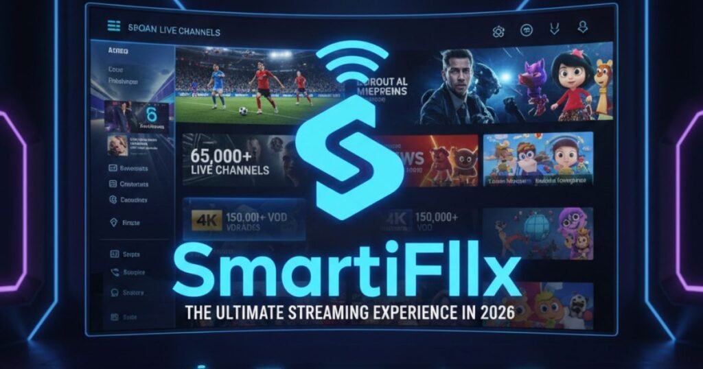 High-resolution 8K thumbnail for SmartiFlix IPTV review featuring a futuristic interface with 65,000+ live channels and 150,000+ VOD options. The image displays a sleek 'S' logo, glowing device icons for Firestick, mobile, and consoles, and the text 'The Ultimate Streaming Experience in 2026